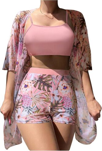 SHENHE Women's Tropical Bikini Set High Waisted Boyshorts 3 Piece Swimsuits with Kimono Cover Up in Saudi Arabia