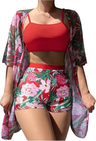 SHENHE Women's Tropical Bikini Set High Waisted Boyshorts 3 Piece Swimsuits with Kimono Cover Up in Saudi Arabia