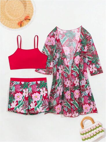 SHENHE Women's Tropical Bikini Set High Waisted Boyshorts 3 Piece Swimsuits with Kimono Cover Up in Saudi Arabia
