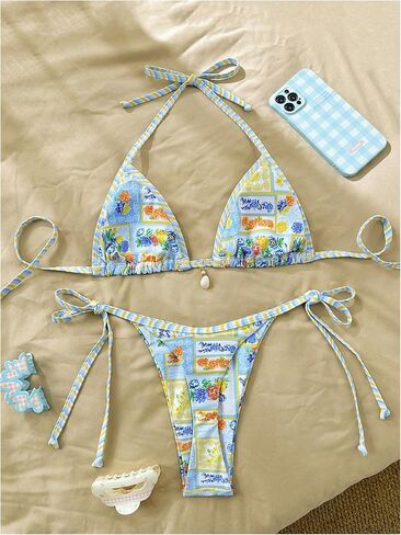 Wdirara Women's 2 قطعة Boho Halter String Bikini مجموعة الأزهار المثلث المثلث ملابس السباحة الشاطئ in Kuwait