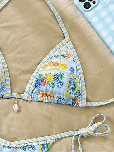 Wdirara Women's 2 قطعة Boho Halter String Bikini مجموعة الأزهار المثلث المثلث ملابس السباحة الشاطئ in Kuwait