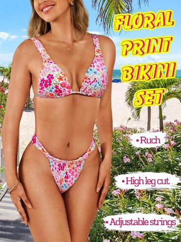 Floral Bikini Sets for Women,High Cut Low Rise Sexy Thong Swimsuit,Two Piece Boho Bikinis Beach Resort Hawaii in Kuwait