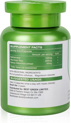 Nattokinase 6000 FU لكل وجبة من الإنزيم ، زجاجة كاملة 180،000 فو ، مع الأرز الكوجيك الأحمر ، خلاصة سالفيا miltiorrhiza - 120 كبسولات نباتية من ناتوكيناز 150 ملغ - خالية من الغلوتين ، غير المعدلة وراثيا in Kuwait