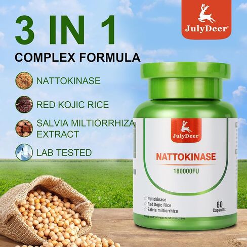Nattokinase 6000 FU لكل وجبة من الإنزيم ، زجاجة كاملة 180،000 فو ، مع الأرز الكوجيك الأحمر ، خلاصة سالفيا miltiorrhiza - 120 كبسولات نباتية من ناتوكيناز 150 ملغ - خالية من الغلوتين ، غير المعدلة وراثيا in Kuwait
