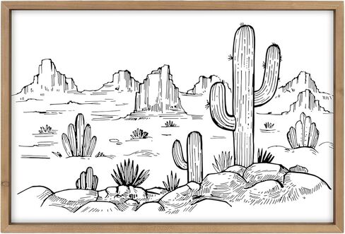 ديكور حائط غربي فلانجيري، فن جداري صبار، 31.5 × 23.6 بوصة خشبي غرفة المعيشة في الصحراء الجنوبية الغربية جنوب غرب أسود أبيض ديكورات خشبية للمنزل المزرعة in Kuwait