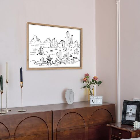 ديكور حائط غربي فلانجيري، فن جداري صبار، 31.5 × 23.6 بوصة خشبي غرفة المعيشة في الصحراء الجنوبية الغربية جنوب غرب أسود أبيض ديكورات خشبية للمنزل المزرعة in Kuwait