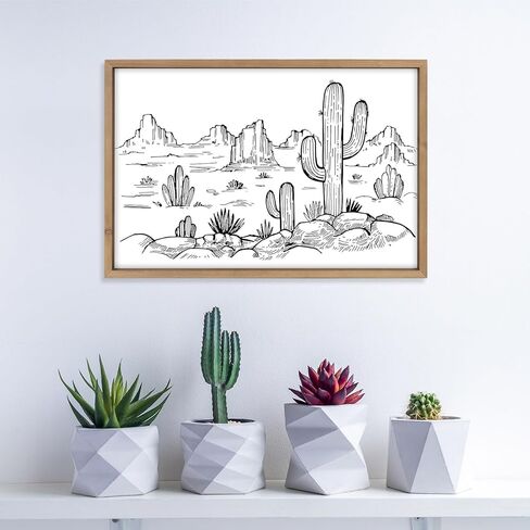 ديكور حائط غربي فلانجيري، فن جداري صبار، 31.5 × 23.6 بوصة خشبي غرفة المعيشة في الصحراء الجنوبية الغربية جنوب غرب أسود أبيض ديكورات خشبية للمنزل المزرعة in Kuwait