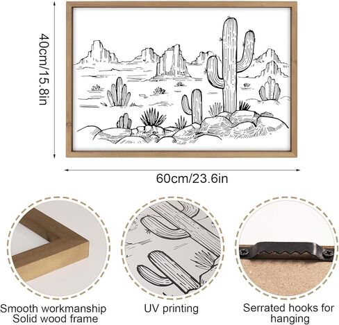 ديكور حائط غربي فلانجيري، فن جداري صبار، 31.5 × 23.6 بوصة خشبي غرفة المعيشة في الصحراء الجنوبية الغربية جنوب غرب أسود أبيض ديكورات خشبية للمنزل المزرعة in Kuwait