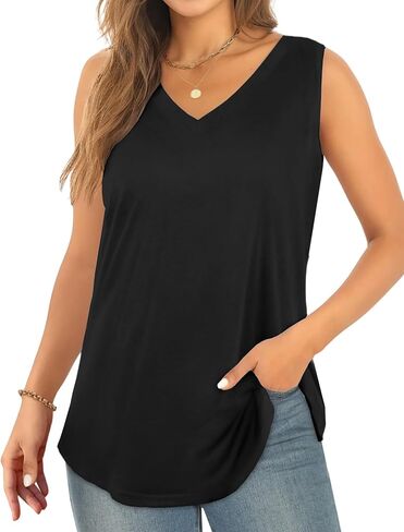 AURUZA Womens Tank Tops, V Neck Casual Cami Sleeveless Camisole Blouses Flowy Summer Basic Tank Shirt in Kuwait