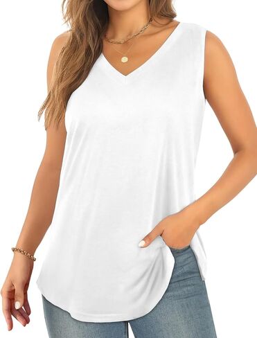 AURUZA Womens Tank Tops, V Neck Casual Cami Sleeveless Camisole Blouses Flowy Summer Basic Tank Shirt in Kuwait