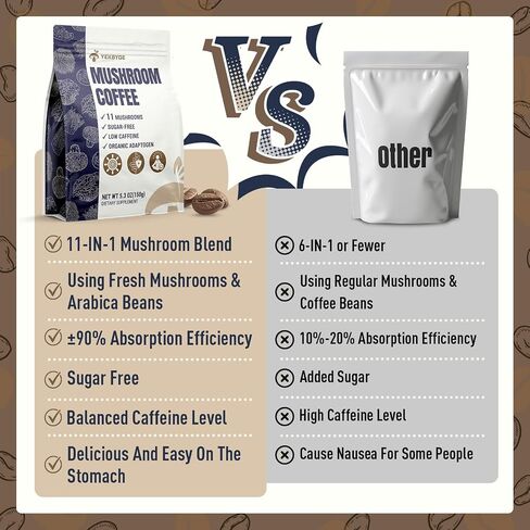 القهوة الفطر ، 11 فطر Superfood تشمل Lion's Mane و Reishi و Chaga & Ashwagandha و Mushroom Coffee Organic من أجل الطاقة والذاكرة والذاكرة ، خالية من السكر ، 5.3 أوقية in Kuwait