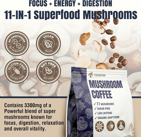 القهوة الفطر ، 11 فطر Superfood تشمل Lion's Mane و Reishi و Chaga & Ashwagandha و Mushroom Coffee Organic من أجل الطاقة والذاكرة والذاكرة ، خالية من السكر ، 5.3 أوقية in Kuwait