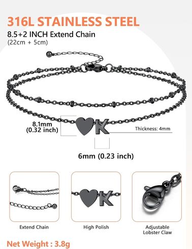 Silvora Initial Anklet for Women - Stainless Steel Waterproof 14K Gold Plated Initial Anklet with 8.5" + 2" Adjustable Extension, Dainty Layered Letter Heart Ankle Bracelets Summer Beach Jewelry in Saudi Arabia
