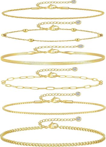 Jinxiuge Gold Ankle Bracelets for Women Dainty 14k Gold Plated Waterproof Cuban Link Chain Anklets Set Layered Anklet Bracelets for Women Teen Beach Gift Adjustable Size 6 Pcs in Kuwait