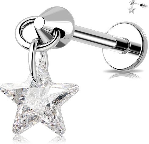 MeIighting Titanium G23 Threadless Earring 16G Dangle Flat Back Earring Threadless Push in Cartilage Earring 6/8 mm Tragus Helix Piercing Jewelry Clear CZ Labret Ring in Saudi Arabia