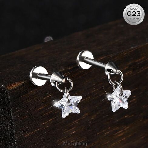 MeIighting Titanium G23 Threadless Earring 16G Dangle Flat Back Earring Threadless Push in Cartilage Earring 6/8 mm Tragus Helix Piercing Jewelry Clear CZ Labret Ring in Saudi Arabia