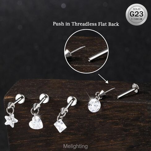 MeIighting Titanium G23 Threadless Earring 16G Dangle Flat Back Earring Threadless Push in Cartilage Earring 6/8 mm Tragus Helix Piercing Jewelry Clear CZ Labret Ring in Saudi Arabia