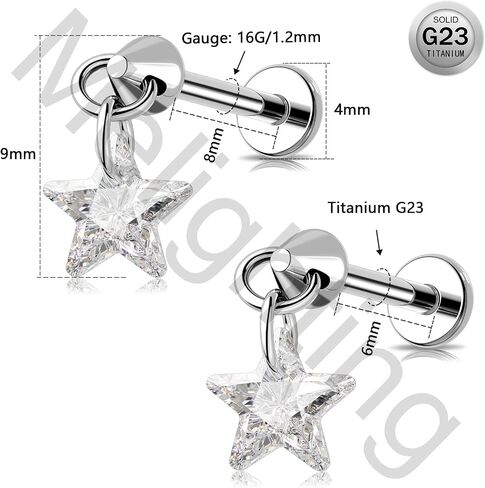 MeIighting Titanium G23 Threadless Earring 16G Dangle Flat Back Earring Threadless Push in Cartilage Earring 6/8 mm Tragus Helix Piercing Jewelry Clear CZ Labret Ring in Saudi Arabia
