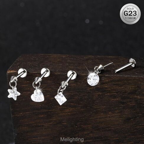 MeIighting Titanium G23 Threadless Earring 16G Dangle Flat Back Earring Threadless Push in Cartilage Earring 6/8 mm Tragus Helix Piercing Jewelry Clear CZ Labret Ring in Saudi Arabia