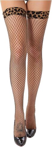 WDIRARA Women's Leopard Fishnet Thigh High Stockings Sheer Party Club Tights in Saudi Arabia