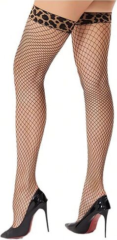 WDIRARA Women's Leopard Fishnet Thigh High Stockings Sheer Party Club Tights in Saudi Arabia