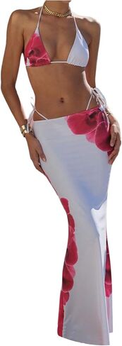 نساء 3 قطع من الأزهار الأزهار مراعي الرسن سلسلة بيكيني مع تنانير شاطئ bodycon in Kuwait
