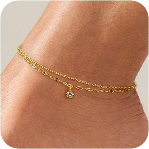 JINEAR Gold Ankle Bracelets for Women，14K Gold Plated Waterproof Chain Herringbone Layered Beaded Anklets Adjustable Summer Beach Jewelry Gift for Women in Saudi Arabia
