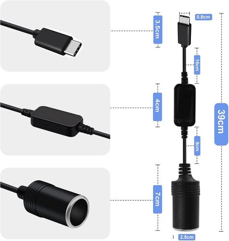 USB C Male to 12V Car Careett Socket Socket Cableter Cable ، 8W MAX ، USB C إلى محول ولاعة سجائر مناسبة لقيادة المسجل ، GPS ، وغيرها من المعدات (النوع C ، 1 قدم) in Kuwait