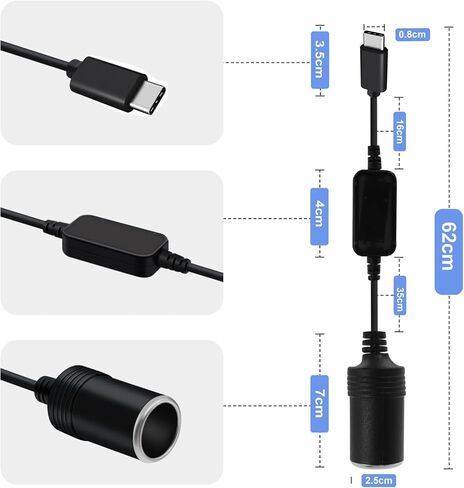 USB C Male to 12V Car Careett Socket Socket Cableter Cable ، 8W MAX ، USB C إلى محول ولاعة سجائر مناسبة لقيادة المسجل ، GPS ، وغيرها من المعدات (النوع C ، 1 قدم) in Kuwait