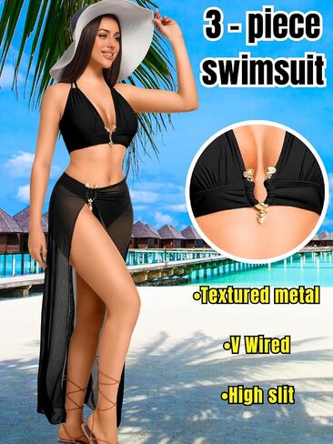 Kaei&Shi 3 Piece Swimsuits for Women,V Wire Halter Cheeky Bikini Sets,Sexy Bathing Suit with Mesh Cover Up in Kuwait