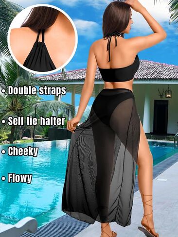 Kaei&Shi 3 Piece Swimsuits for Women,V Wire Halter Cheeky Bikini Sets,Sexy Bathing Suit with Mesh Cover Up in Kuwait