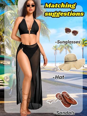 Kaei&Shi 3 Piece Swimsuits for Women,V Wire Halter Cheeky Bikini Sets,Sexy Bathing Suit with Mesh Cover Up in Kuwait