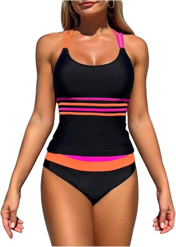 Women's 2 Piece Color Block Tankini Swimsuits Tummy Control Criss Cross Spaghetti Strap Bathing Suit in Saudi Arabia