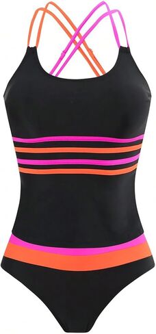 Women's 2 Piece Color Block Tankini Swimsuits Tummy Control Criss Cross Spaghetti Strap Bathing Suit in Saudi Arabia
