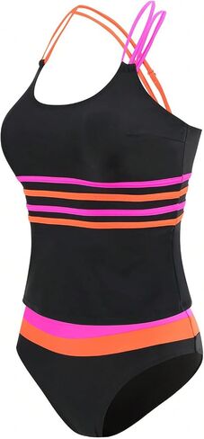 Women's 2 Piece Color Block Tankini Swimsuits Tummy Control Criss Cross Spaghetti Strap Bathing Suit in Saudi Arabia