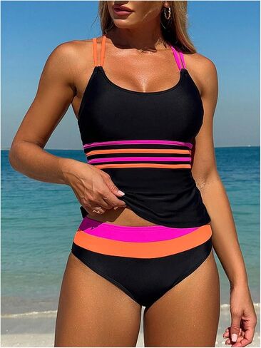 Women's 2 Piece Color Block Tankini Swimsuits Tummy Control Criss Cross Spaghetti Strap Bathing Suit in Saudi Arabia
