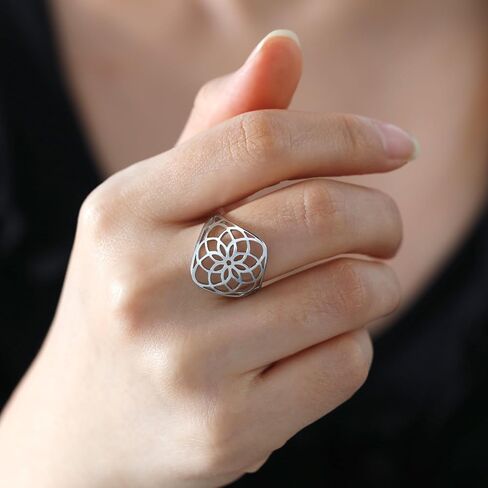 Teamer Filgree Flower Ring من الفولاذ المقاوم للصدأ الفولاذ الأنيق البوهيمي خاتم الزفاف خاتم الزفاف خاتم مجوهرات رائعة للنساء in Kuwait