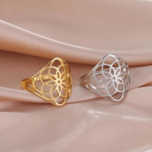 Teamer Filgree Flower Ring من الفولاذ المقاوم للصدأ الفولاذ الأنيق البوهيمي خاتم الزفاف خاتم الزفاف خاتم مجوهرات رائعة للنساء in Kuwait