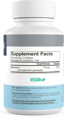 Freeda Magnesium Gluconate - Kosher Vegan Magnesium Supplement for Men & Women - Leg & Muscle Cramp and Spasm Relief - Natural Muscle Relaxer - Magnesio Vitamins and Supplements (100 Tablets) in Saudi Arabia