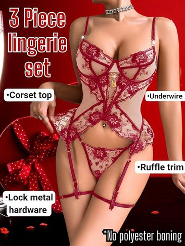 Women's Vintage 3 Piece Lingerie Set, Sexy Floral Embroidered Sheer Mesh Corset Garter Boudior Valentines Exotic in Kuwait