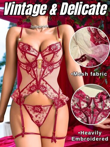 Women's Vintage 3 Piece Lingerie Set, Sexy Floral Embroidered Sheer Mesh Corset Garter Boudior Valentines Exotic in Kuwait