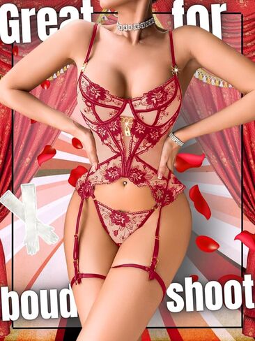 Women's Vintage 3 Piece Lingerie Set, Sexy Floral Embroidered Sheer Mesh Corset Garter Boudior Valentines Exotic in Kuwait
