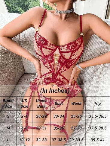Women's Vintage 3 Piece Lingerie Set, Sexy Floral Embroidered Sheer Mesh Corset Garter Boudior Valentines Exotic in Kuwait
