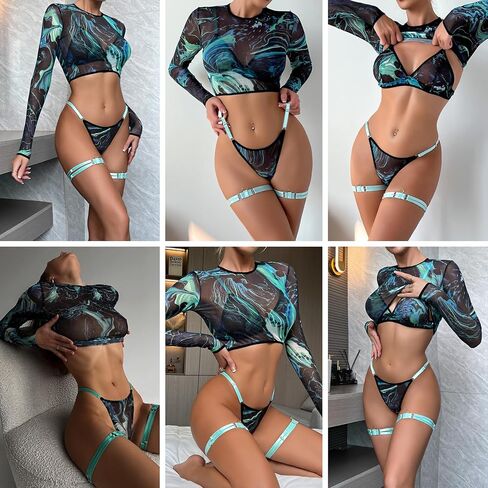 Zgmyc Women's 4 Piece Sexy Mesh Mesh Lingerie مع حزام رباط طويل الأكمام قمم حمالة الصدر وزي مهرجان صبغ اللباس الداخلي in Kuwait