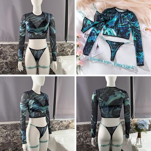 Zgmyc Women's 4 Piece Sexy Mesh Mesh Lingerie مع حزام رباط طويل الأكمام قمم حمالة الصدر وزي مهرجان صبغ اللباس الداخلي in Kuwait