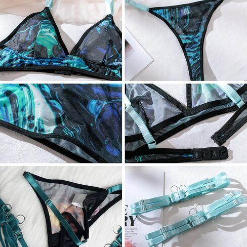 Zgmyc Women's 4 Piece Sexy Mesh Mesh Lingerie مع حزام رباط طويل الأكمام قمم حمالة الصدر وزي مهرجان صبغ اللباس الداخلي in Kuwait