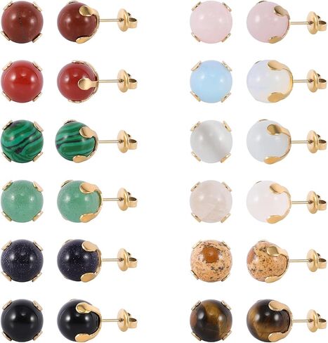 12 Pairs Multi Natural Gemstone Round Bead Ball Stud Earrings Gold Plated Stainless Steel Opal Tiger Eye Rose Quartz Onyx Stone Stud Earrings Set for Women in Saudi Arabia