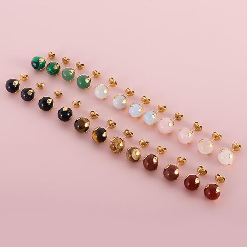 12 Pairs Multi Natural Gemstone Round Bead Ball Stud Earrings Gold Plated Stainless Steel Opal Tiger Eye Rose Quartz Onyx Stone Stud Earrings Set for Women in Saudi Arabia