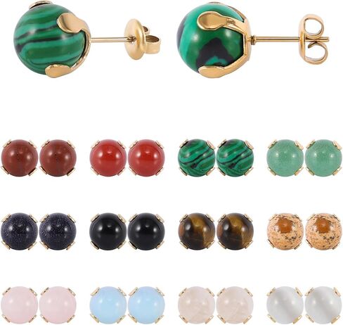 12 Pairs Multi Natural Gemstone Round Bead Ball Stud Earrings Gold Plated Stainless Steel Opal Tiger Eye Rose Quartz Onyx Stone Stud Earrings Set for Women in Saudi Arabia