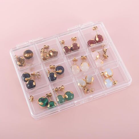 12 Pairs Multi Natural Gemstone Round Bead Ball Stud Earrings Gold Plated Stainless Steel Opal Tiger Eye Rose Quartz Onyx Stone Stud Earrings Set for Women in Saudi Arabia